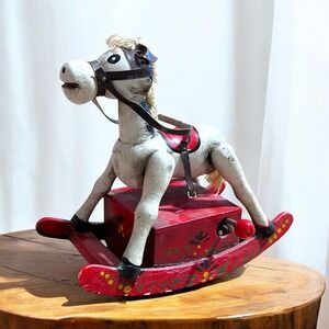 1980 ENESCO Vintage Music Box Wooden Rocking Horse Plays 'Yankee Doodle' Works